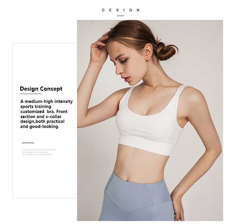 Design concept a medium-high intensity sports training customized bra. Front section and v-collar design both practical and good-looking