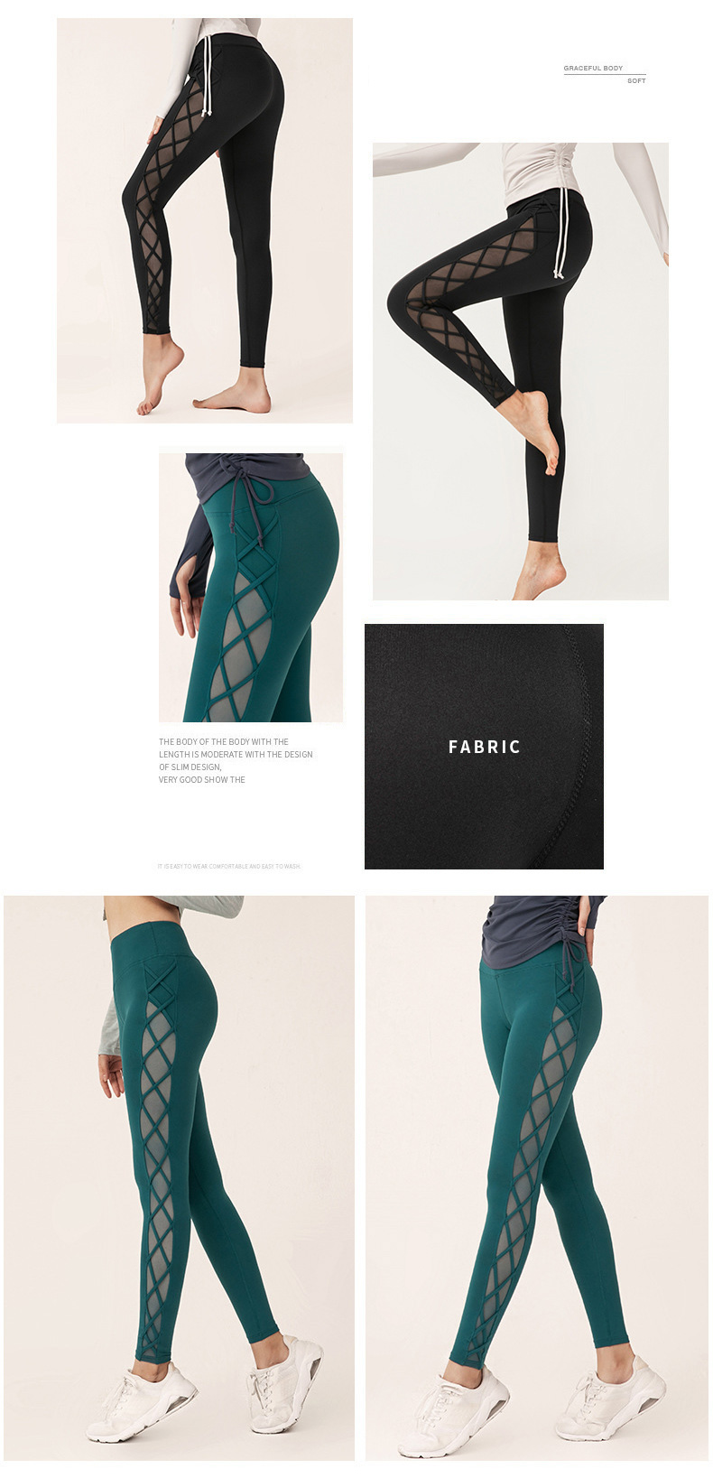 Mesh stripe leggings with mesh design side mesh, crossed fashion elements, sports wear breathable and comfortable