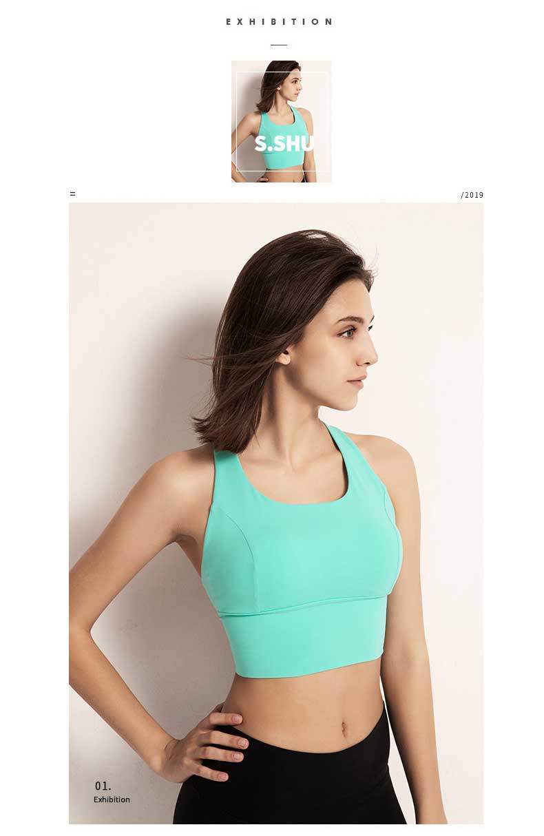 The back sports bra uses an angular neckline