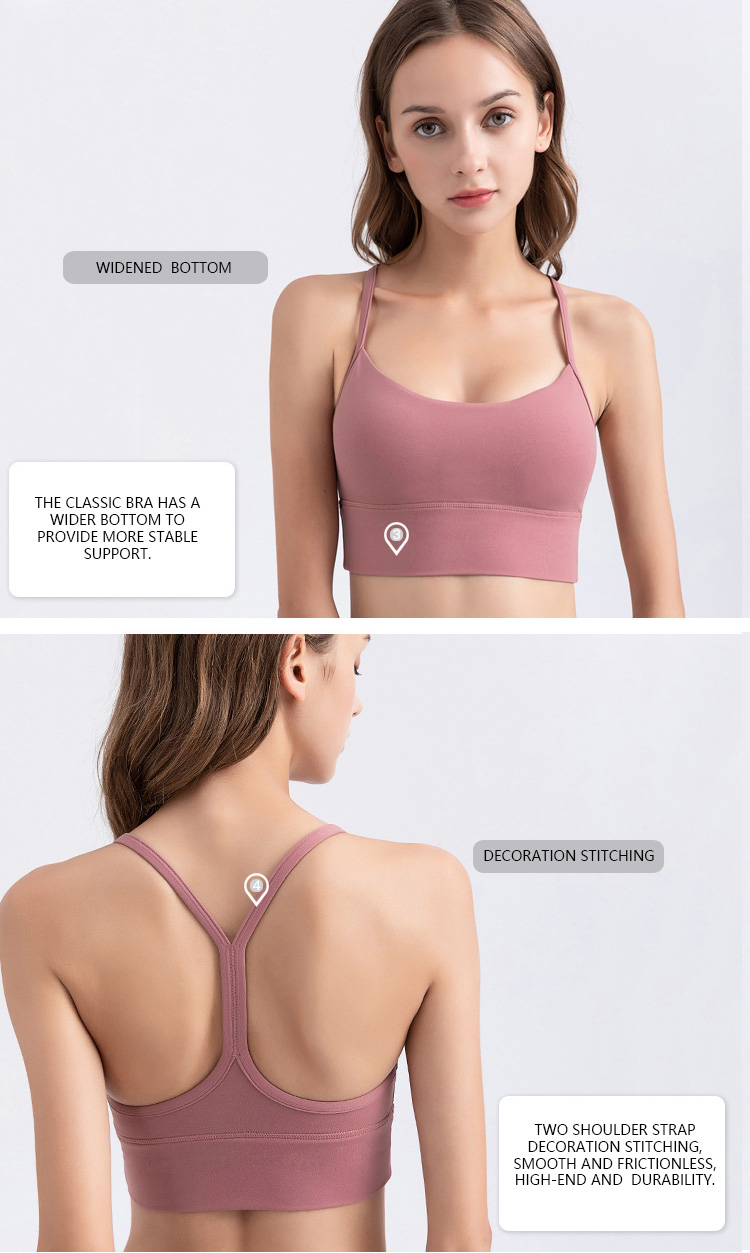 The padded sport bra is vest style,with a showing slim u-shaped neckline