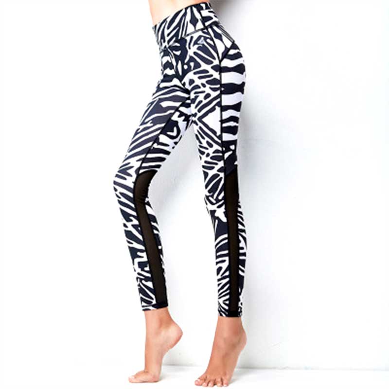 Zebra print mesh leggings fitness pants high waist tight elastic running sport pants