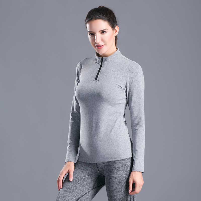High neck workout shirt long sleeve female yoga workout blouse with brushed, tight stand-up collar and half zipper tops