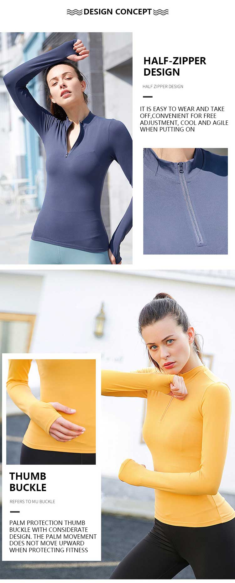 Long sleeve zip gym top design concepts of zipper and thumb