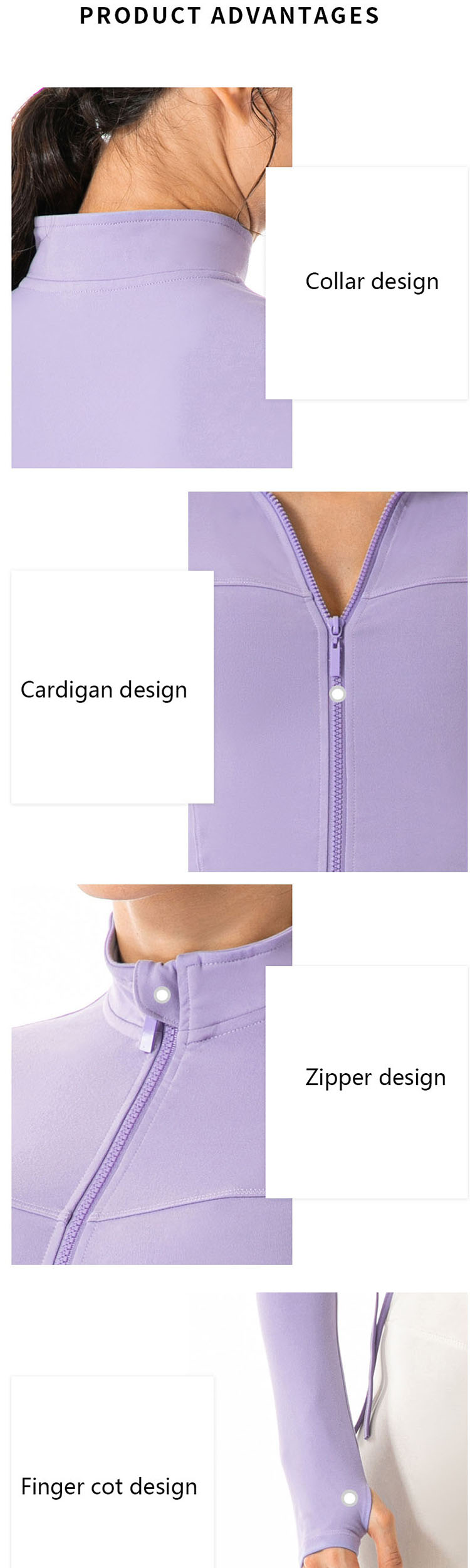 The details decorated with purple running jacket are widely used in style design with extremely diverse shaping and functionality