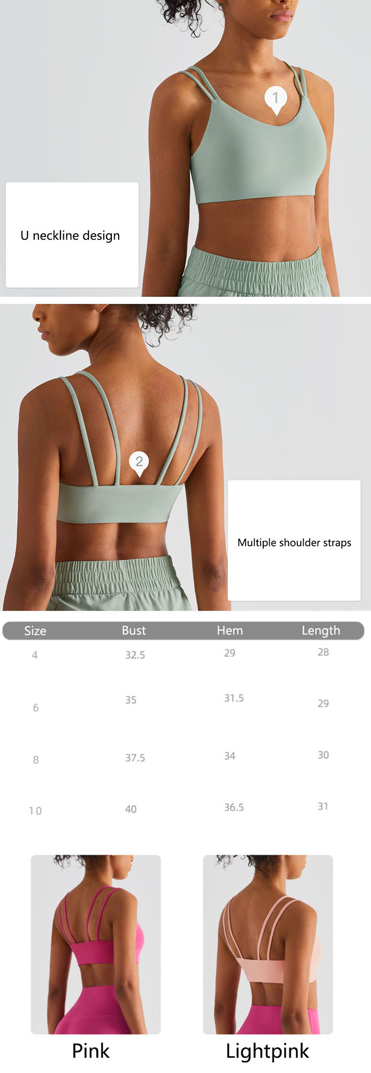 Workout tops with built in bra with balance between stable support and good comfort is a key design element