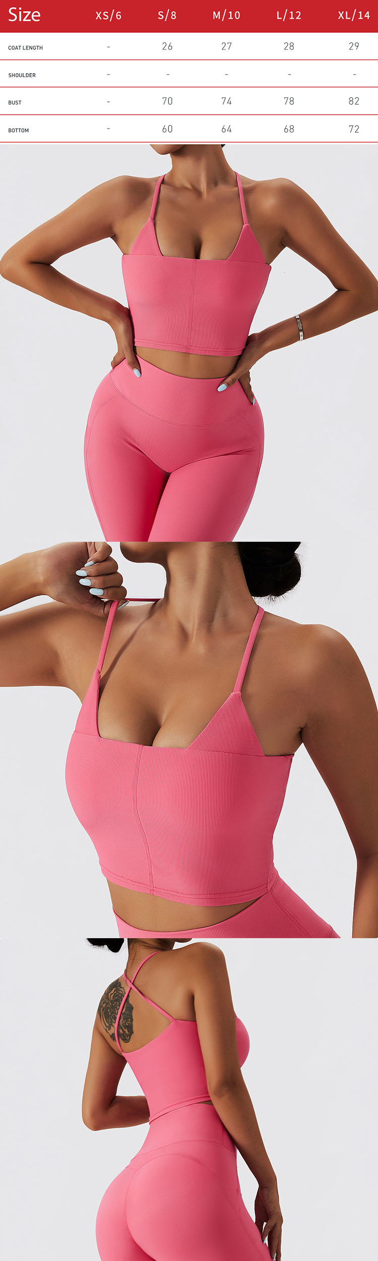 The thin band splits the chest area and lengthens the neck line in the best sports bra