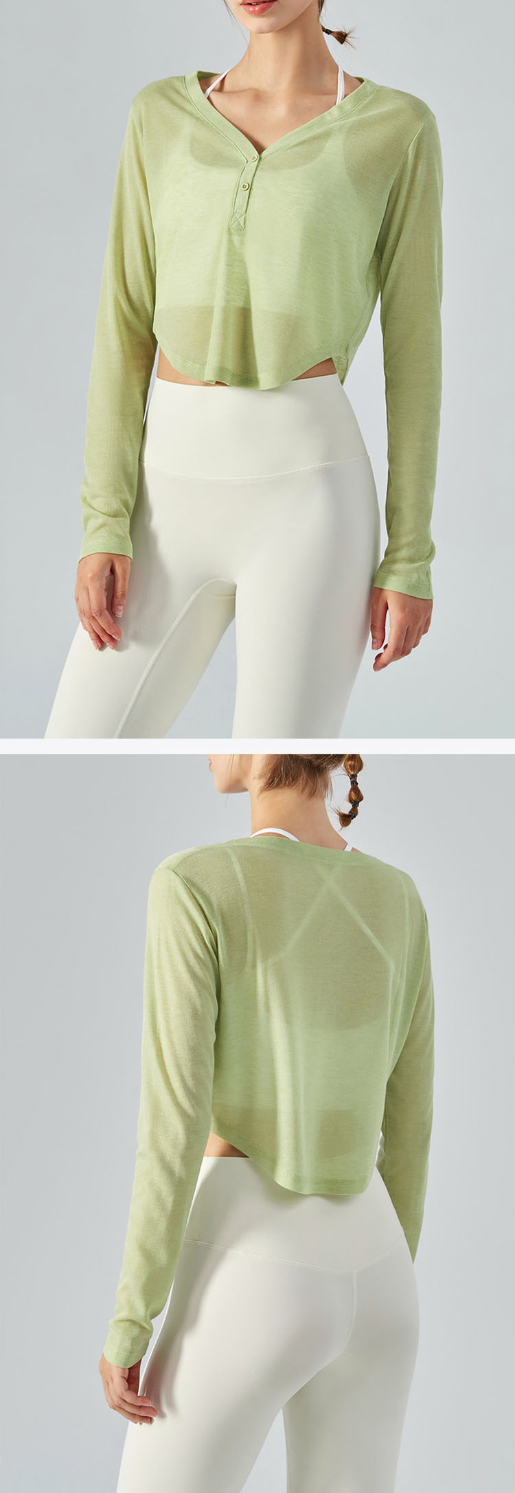 The arc hem design is adopted to cover the waist and abdomen and show the waist curve