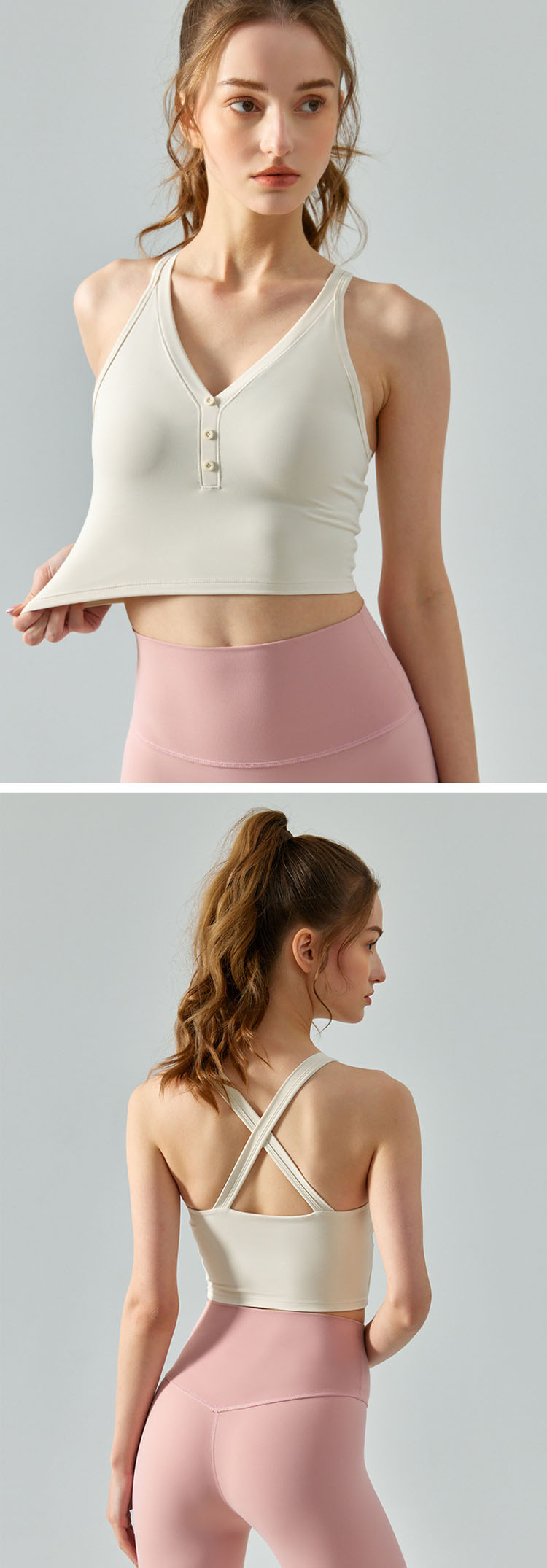 Strap sports bra successfully visibly lengthens the neck line and accentuates the beauty of bone by causing the exposed skin