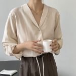 Stay Chic and Elegant with Our Women's Mandarin Collar Solid Color Long Sleeve Shirt