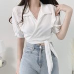 Stylish Cross V-Neckline Short-Sleeve Blouse with Waist Tie and Bubble Sleeves Shirts
