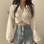 Trendy Korean-Style Back Strap Cropped Shirt with Butterfly Knot Detail