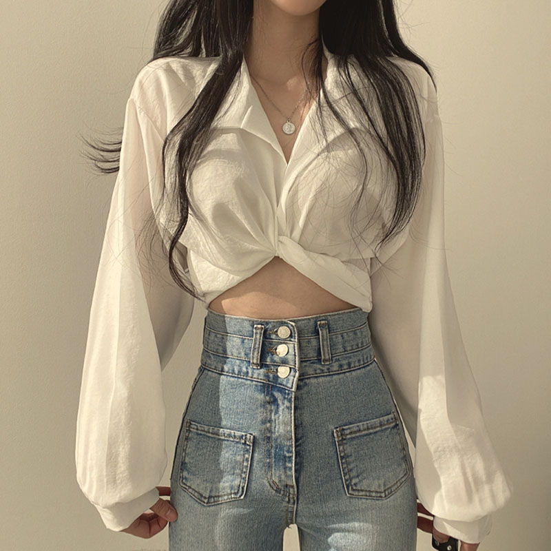 Trendy Korean-Style Back Strap Cropped Shirt with Butterfly Knot Detail