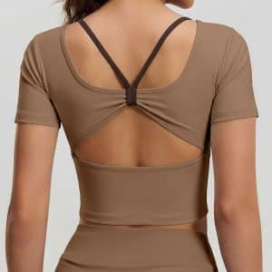 Butterfly Contrast Tie Sports Top, Cross Back Short Sleeve Workout Shirt with Integrated Pads, Breathable Slim Fitness Yoga Wear for Women