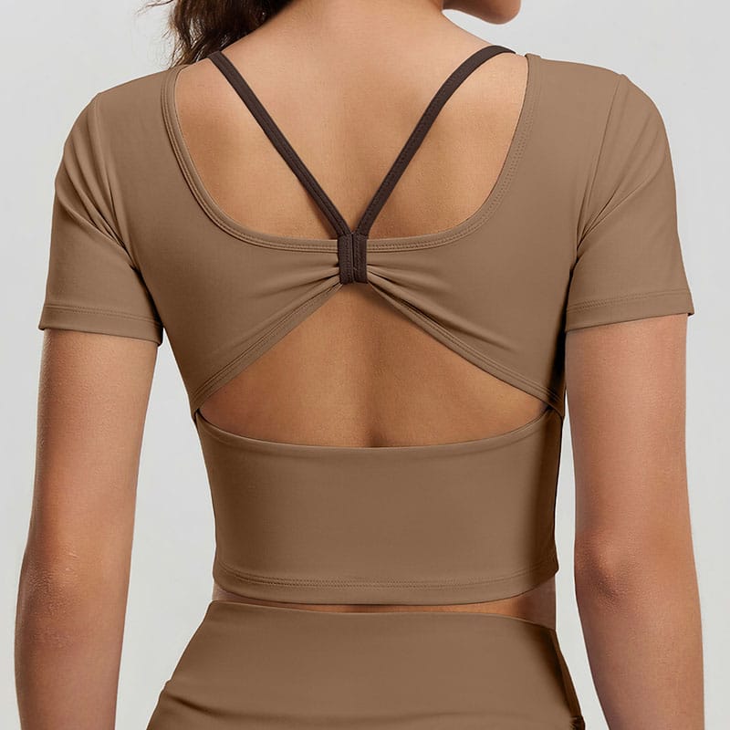 Butterfly Contrast Tie Sports Top, Cross Back Short Sleeve Workout Shirt with Integrated Pads, Breathable Slim Fitness Yoga Wear for Women