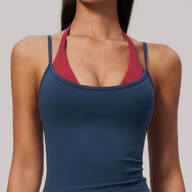 Color Block Halter Yoga Tank Top, Removable Pads Hollow Square Cutout Back Slim Fit Workout Cami for Women