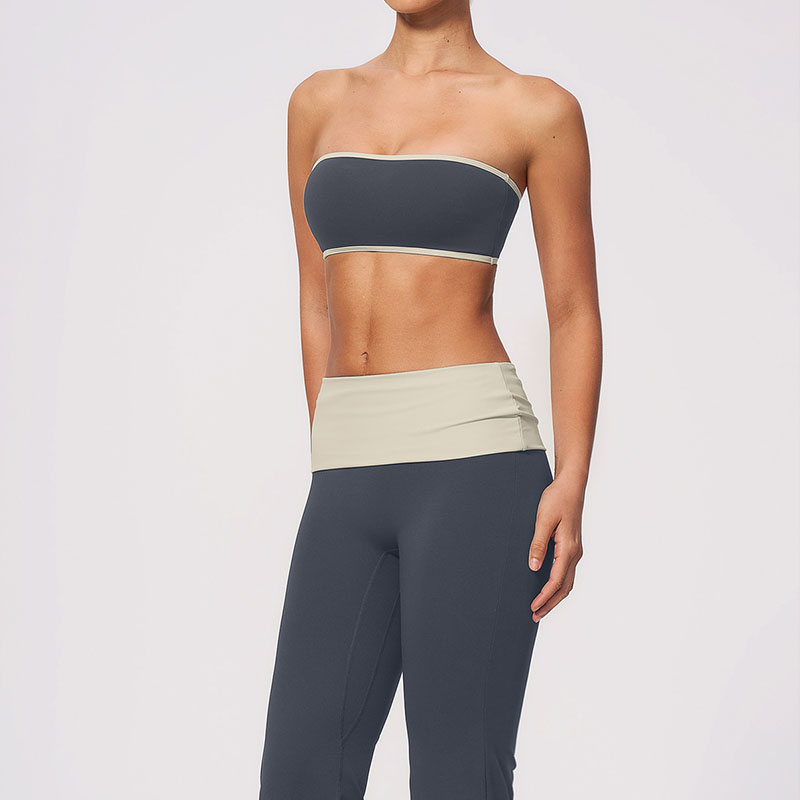 Contrast Color Bandeau Yoga Set, Flared Leg High Waist Workout Outfit with Removable Pads