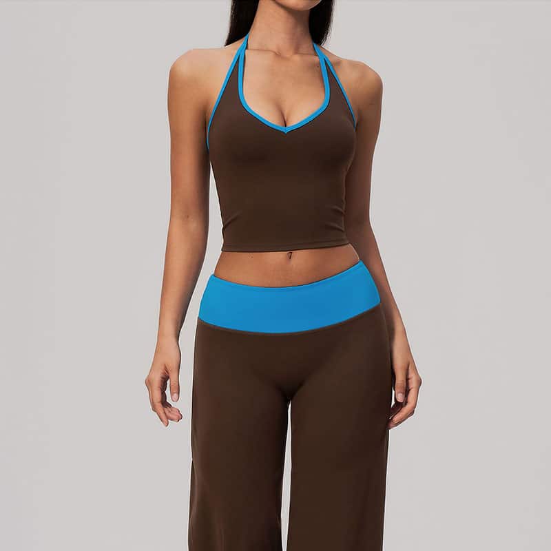 Halter Neck Yoga Vest with Built-in Pads, V-Neck Contrast Binding Shockproof Workout Top for Women