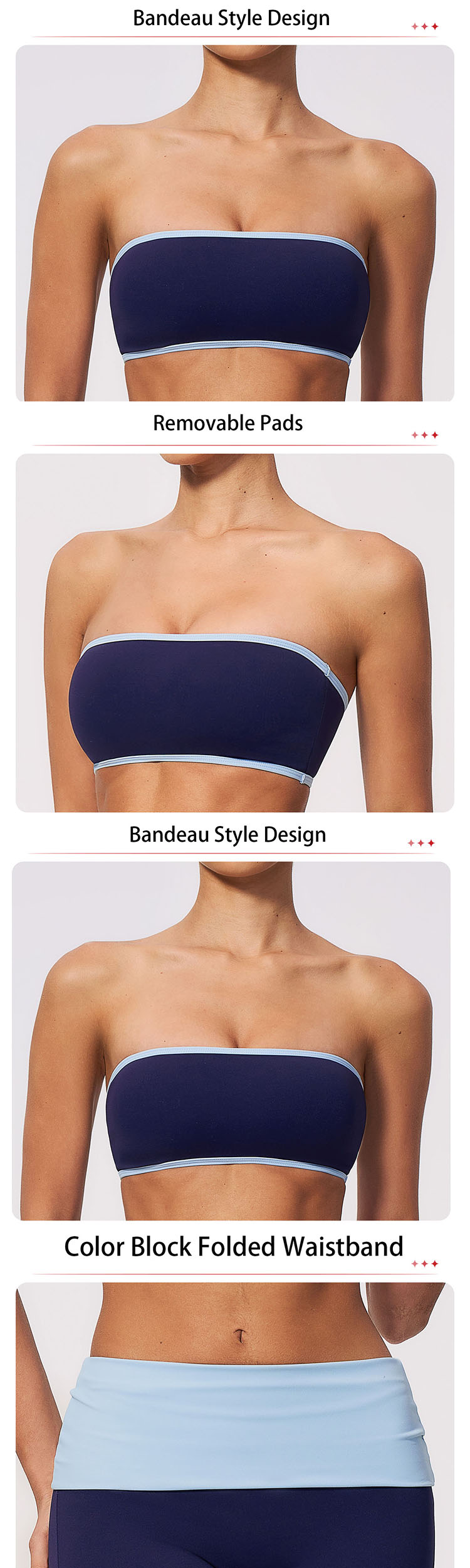 The top adopts a chic strapless bandeau design