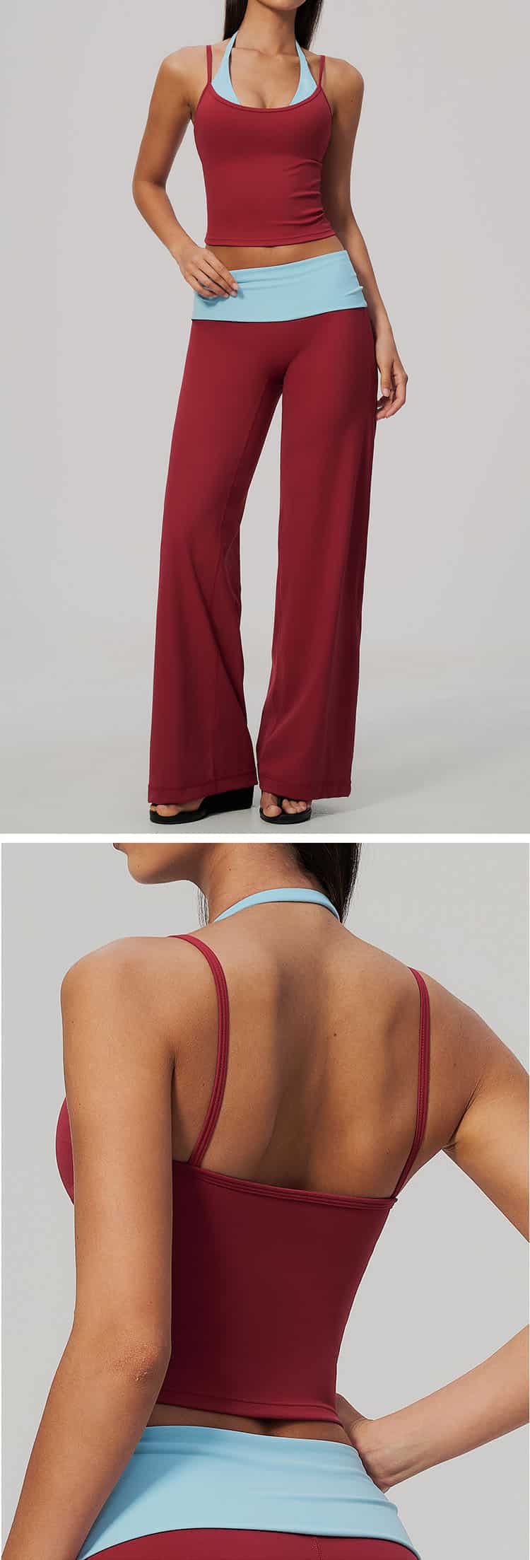 This workout cami features a chic halter strap design paired with eye-catching color blocking