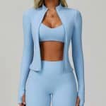 Zip Up Stand Collar Yoga Jacket, Slim Fit Thumb Hole Long Sleeve Breathable Running Sports Activewear for Women