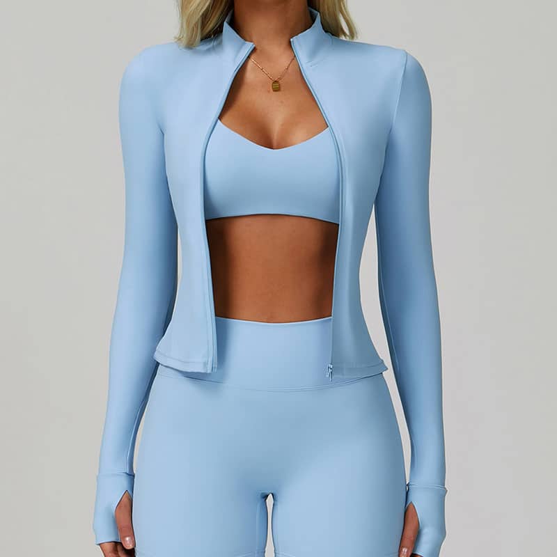 Zip Up Stand Collar Yoga Jacket, Slim Fit Thumb Hole Long Sleeve Breathable Running Sports Activewear for Women