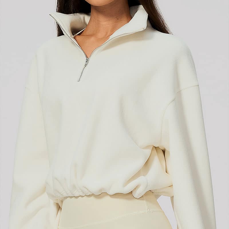 Women Stand Collar Color Block Half Zip Sweatshirt, Loose Casual Stretchy Drawstring Waist Sports Top